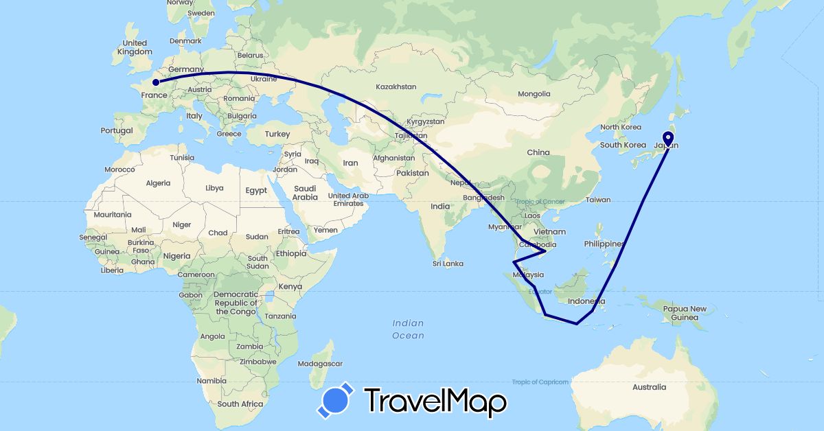 TravelMap itinerary: driving in France, Indonesia, Japan, Cambodia, Malaysia, Philippines, Singapore, Thailand, Vietnam (Asia, Europe)