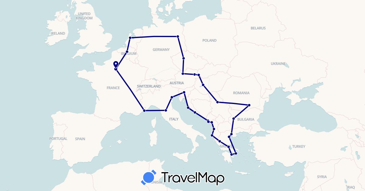 TravelMap itinerary: driving in Albania, Austria, Belgium, Bulgaria, Czech Republic, Germany, France, Greece, Croatia, Hungary, Italy, Monaco, Montenegro, Netherlands, Romania, Serbia, Slovenia, Slovakia (Europe)
